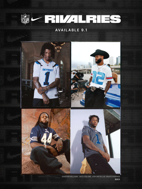 NFL NIKE RIVALRIES Get Notified for Rivalries Launch Available 9/1NFLPA D’Andre Swift, Kyle Monangai, Sauce Gardner, Nico Collins, Parker Washington, Jameson Williams, Jordan Love, Christian Watson, Jeffery Simmons, Josh Metellus
