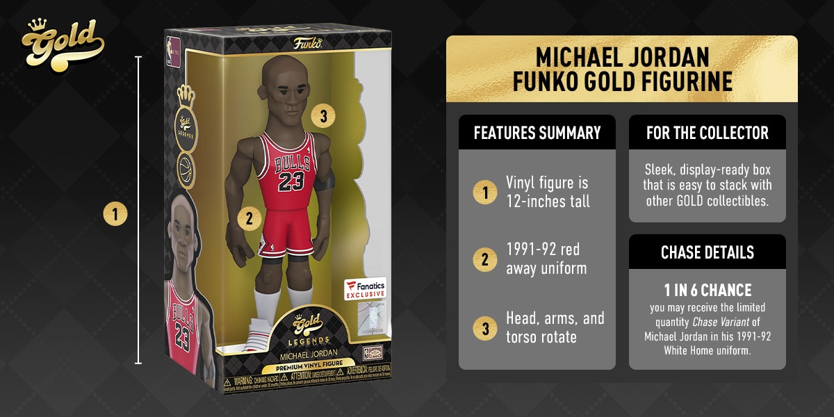Michael Jordan Funko Gold Figurine. Features Summary - 1: Vinyl figure is 12-inches tall; 2: 1991-92 red away uniform; 3: Head, arms, and torso rotate. For The Collector: Sleek, display-ready bos that is easy to stack with other GOLD collectibles. Chase Details: 1 in 6 chance you may receive the limited quanity Chase Variant of Michael Jordan in his 1991-92 White Home uniform.