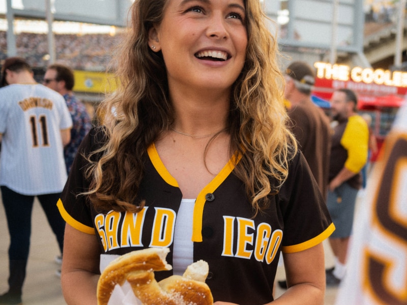 Fan in a San Diego Padres jersey at the ballpark