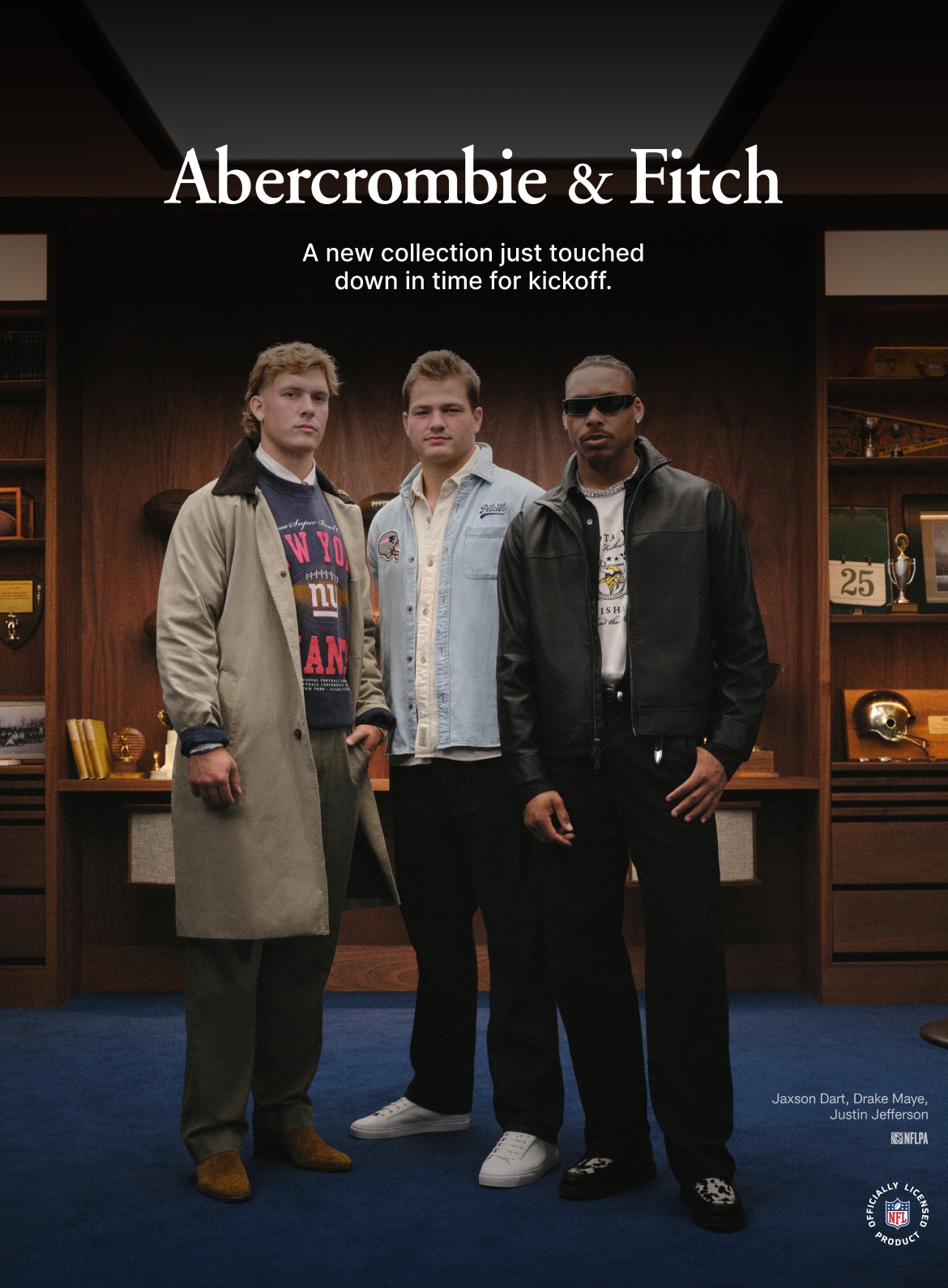 Abercrombie & Fitch A new collection just touched down in time for kickoff.  jaxson dart, drake maye, justin jefferson NFLPA