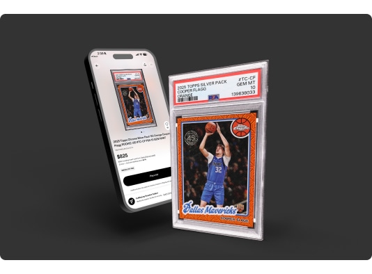 Graded trading card and phone with checkout screen